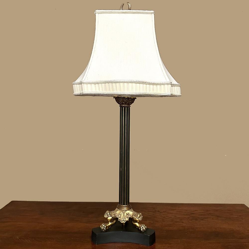 Antique French Empire Bronze Table Lamp with Silk Shade For Sale 1