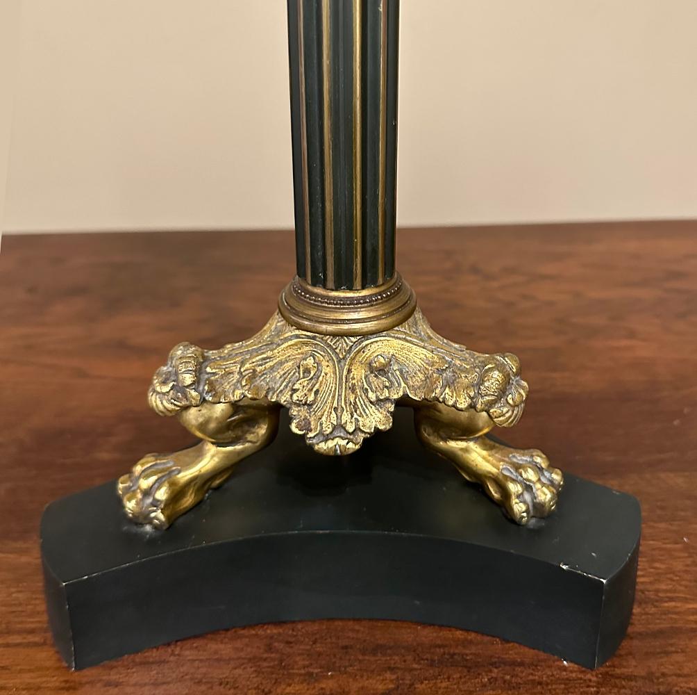 Antique French Empire Bronze Table Lamp with Silk Shade For Sale 4