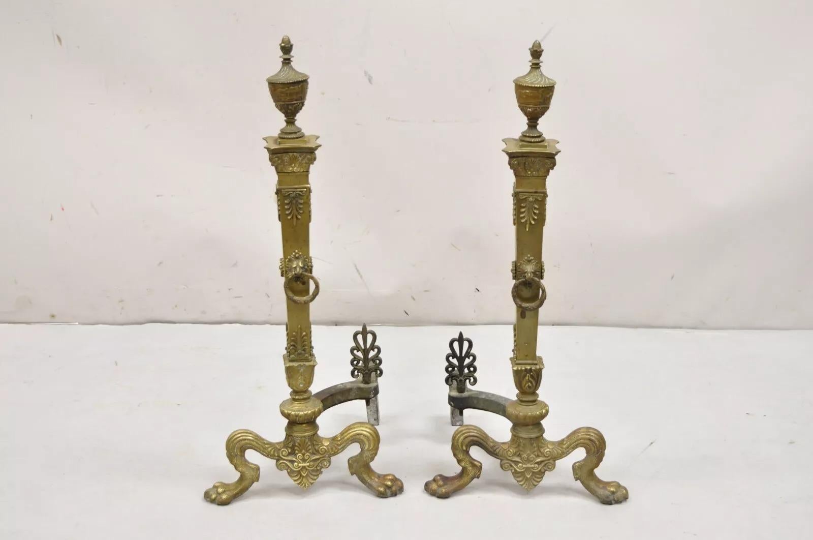 Antike französische Empire-Kamin-Feuerböcke aus Bronze mit Urnenaufsatz und Pfotenfüßen, Paar im Angebot 6