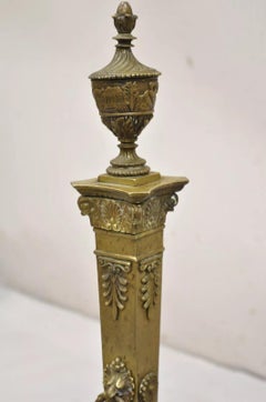 Antique French Empire Bronze Urn Finial Fireplace Andirons w/ Paw Feet - a Pair