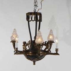 Antique French Empire Bronzed & Ebonized Figural Sphinx 6-Light Chandelier c1930