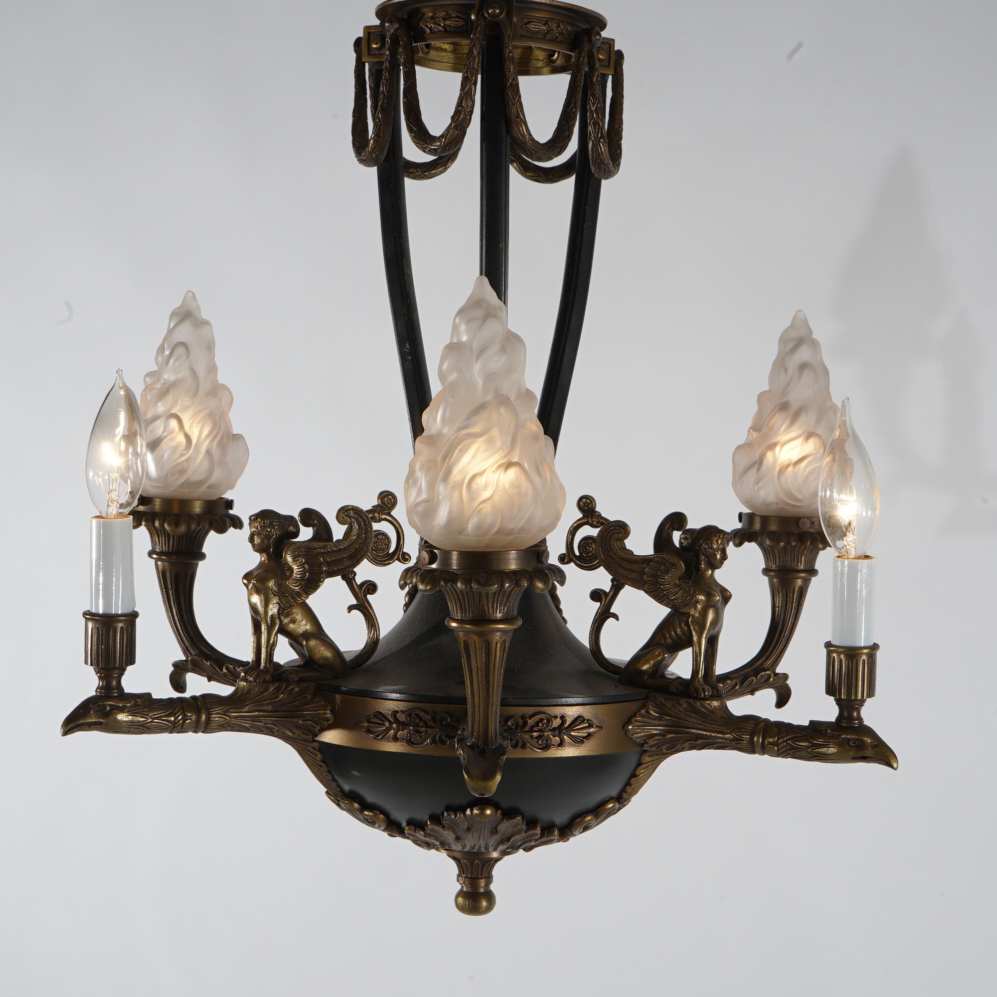American Antique French Empire Bronzed & Ebonized Figural Sphinx 6-Light Chandelier c1930 For Sale