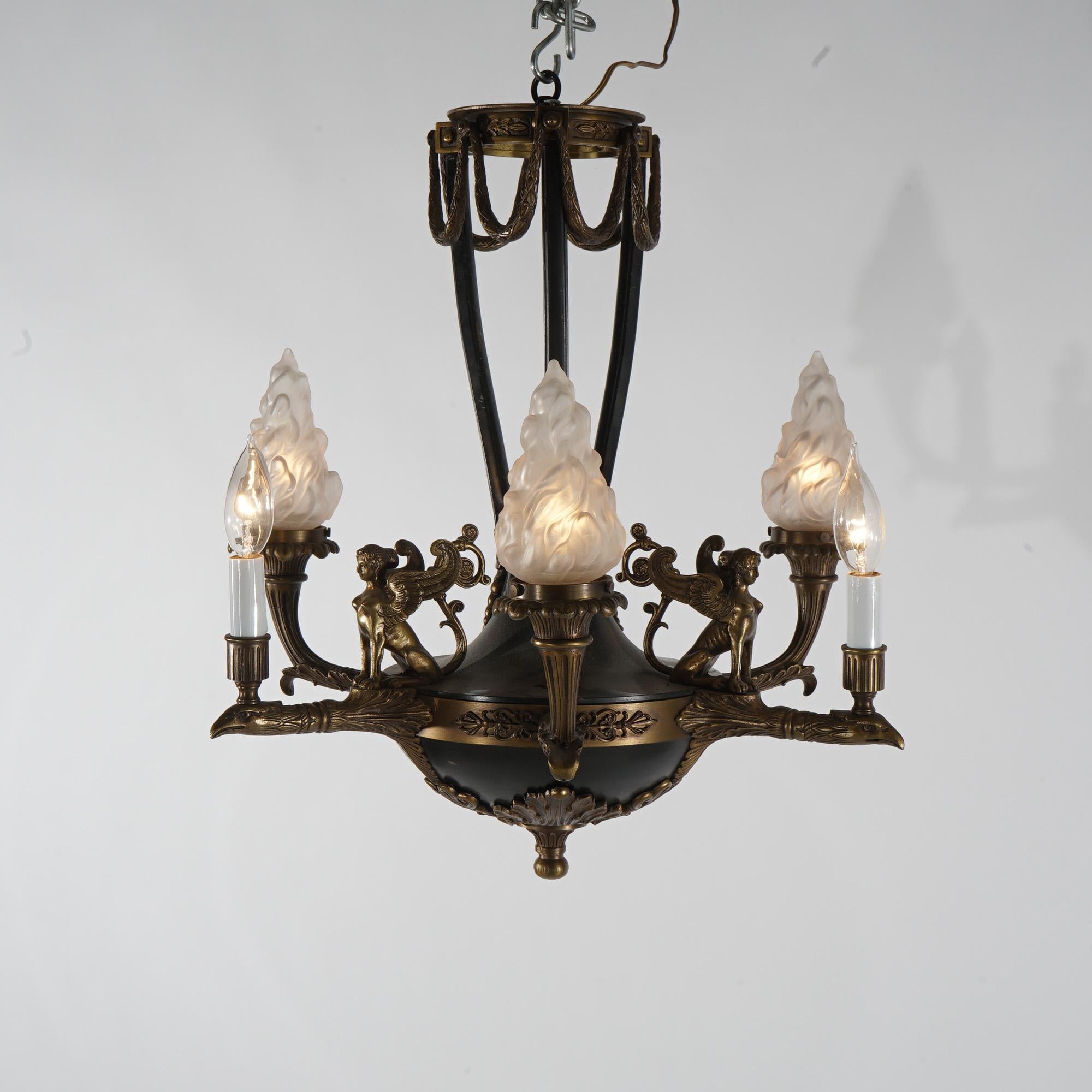 Antique French Empire Bronzed & Ebonized Figural Sphinx 6-Light Chandelier c1930 In Good Condition For Sale In Big Flats, NY