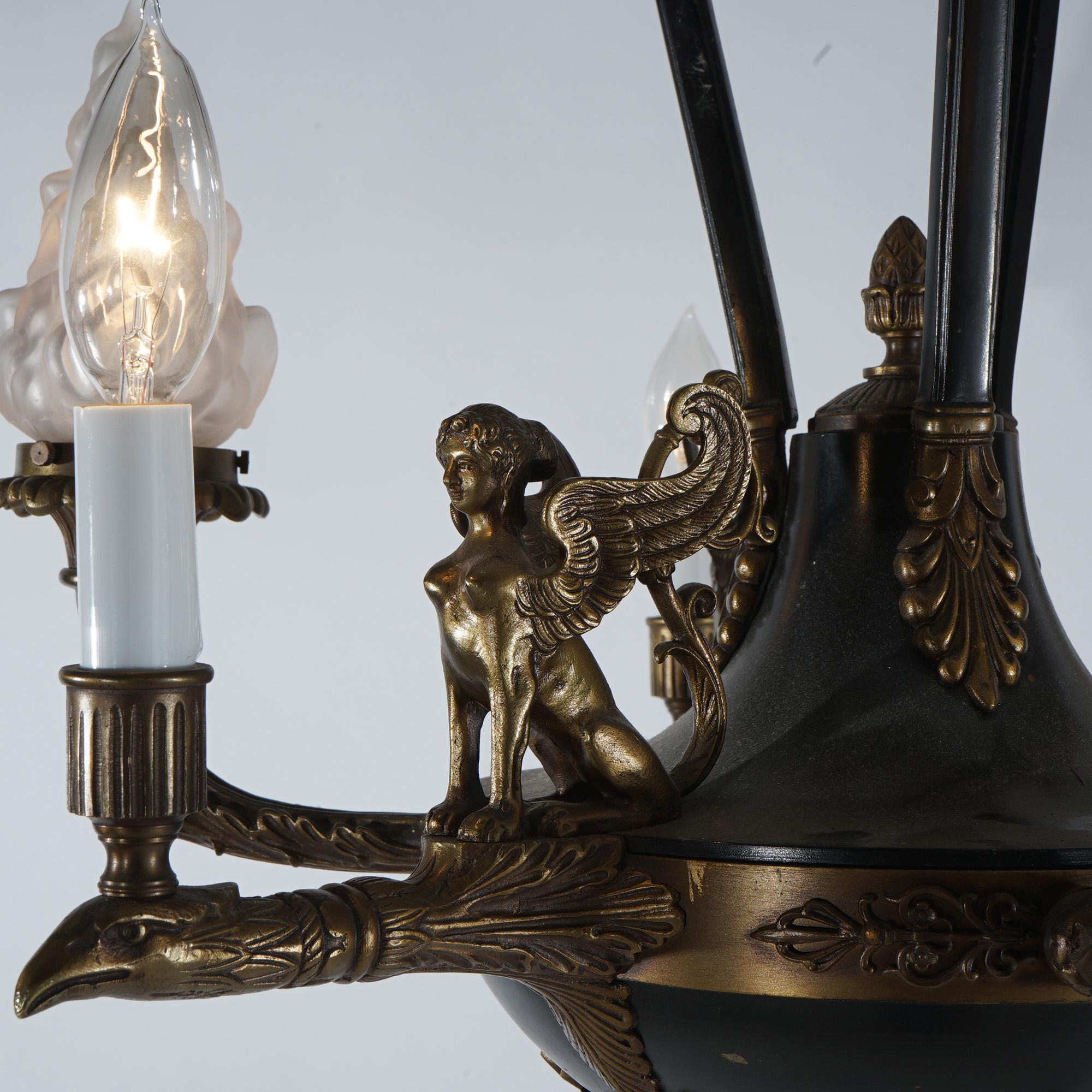 Glass Antique French Empire Bronzed & Ebonized Figural Sphinx 6-Light Chandelier c1930 For Sale