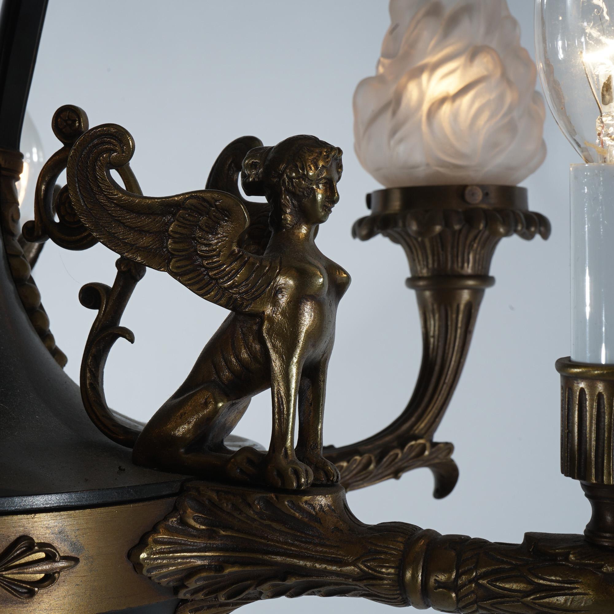 Antique French Empire Bronzed & Ebonized Figural Sphinx 6-Light Chandelier c1930 For Sale 1