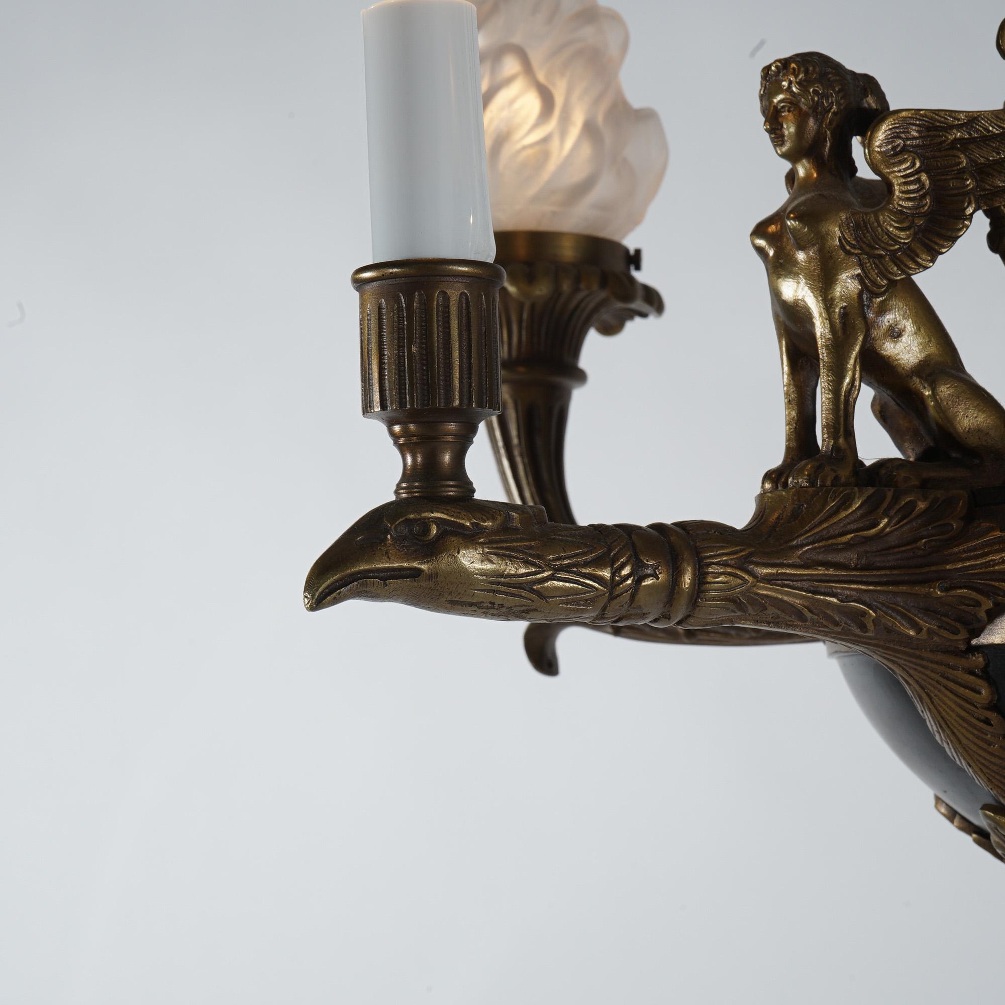 Antique French Empire Bronzed & Ebonized Figural Sphinx 6-Light Chandelier c1930 For Sale 3