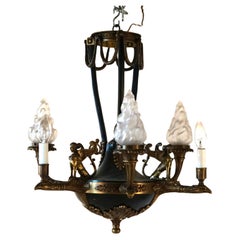 Antique French Empire Bronzed & Ebonized Figural Sphinx 6-Light Chandelier c1930