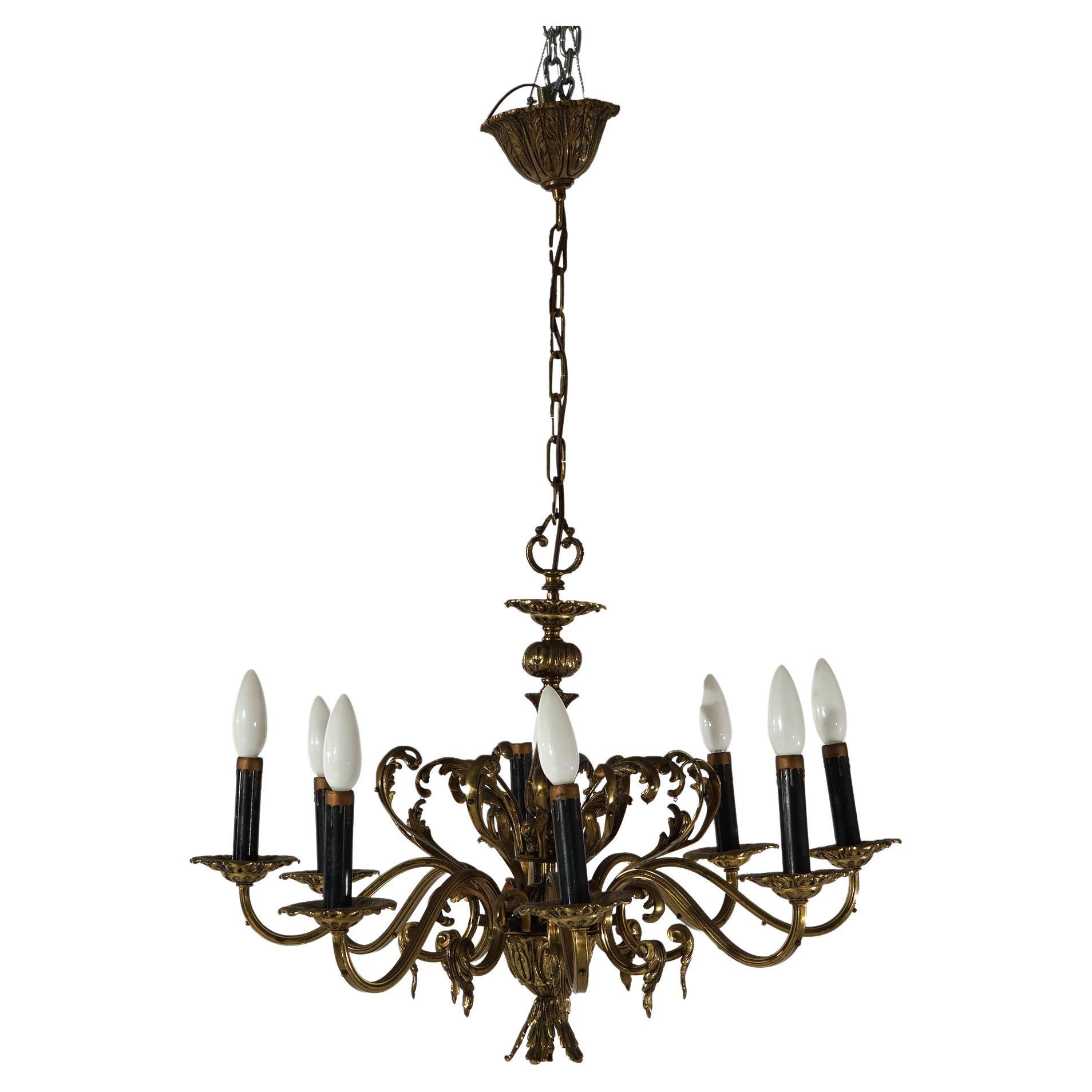 Antique French Empire Bronzed Metal Eight-Light Chandelier, circa 1940 For Sale