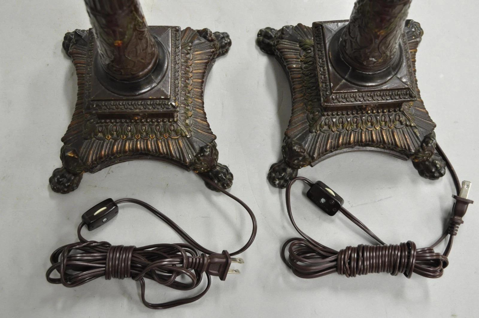 Antique French Empire Brown Painted Column Small Metal Table Lamps - a Pair For Sale 5