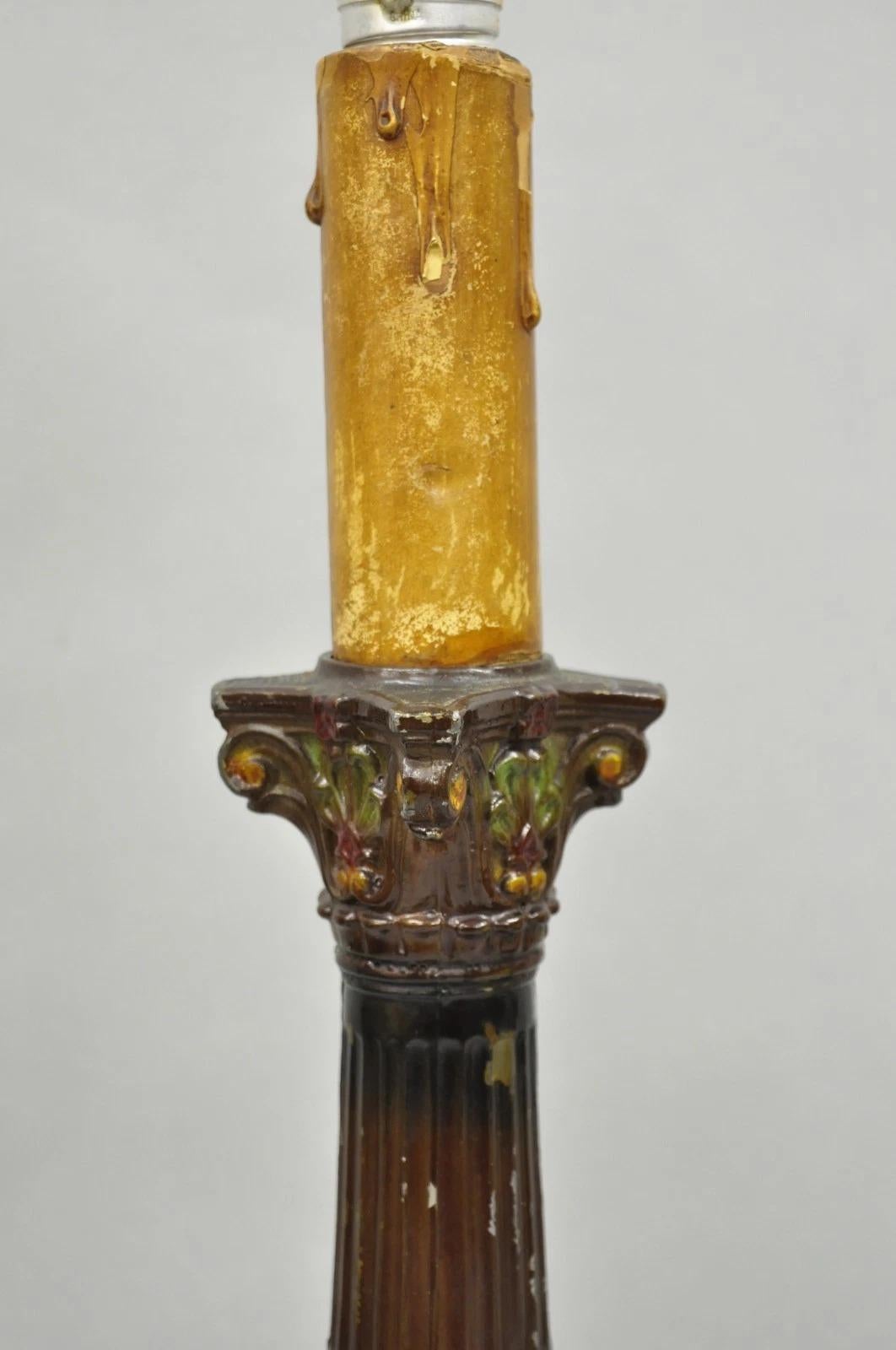 Antique French Empire Brown Painted Column Small Metal Table Lamps - a Pair For Sale 6
