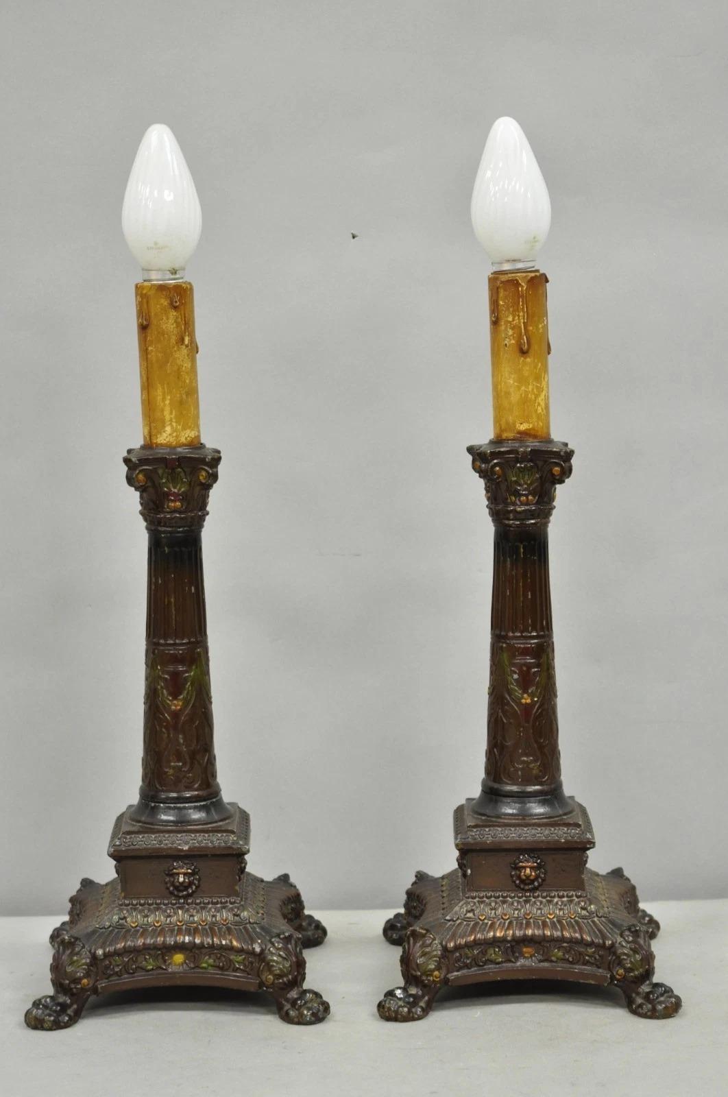 Antique French Empire Brown Painted Column Small Metal Table Lamps - a Pair For Sale 7