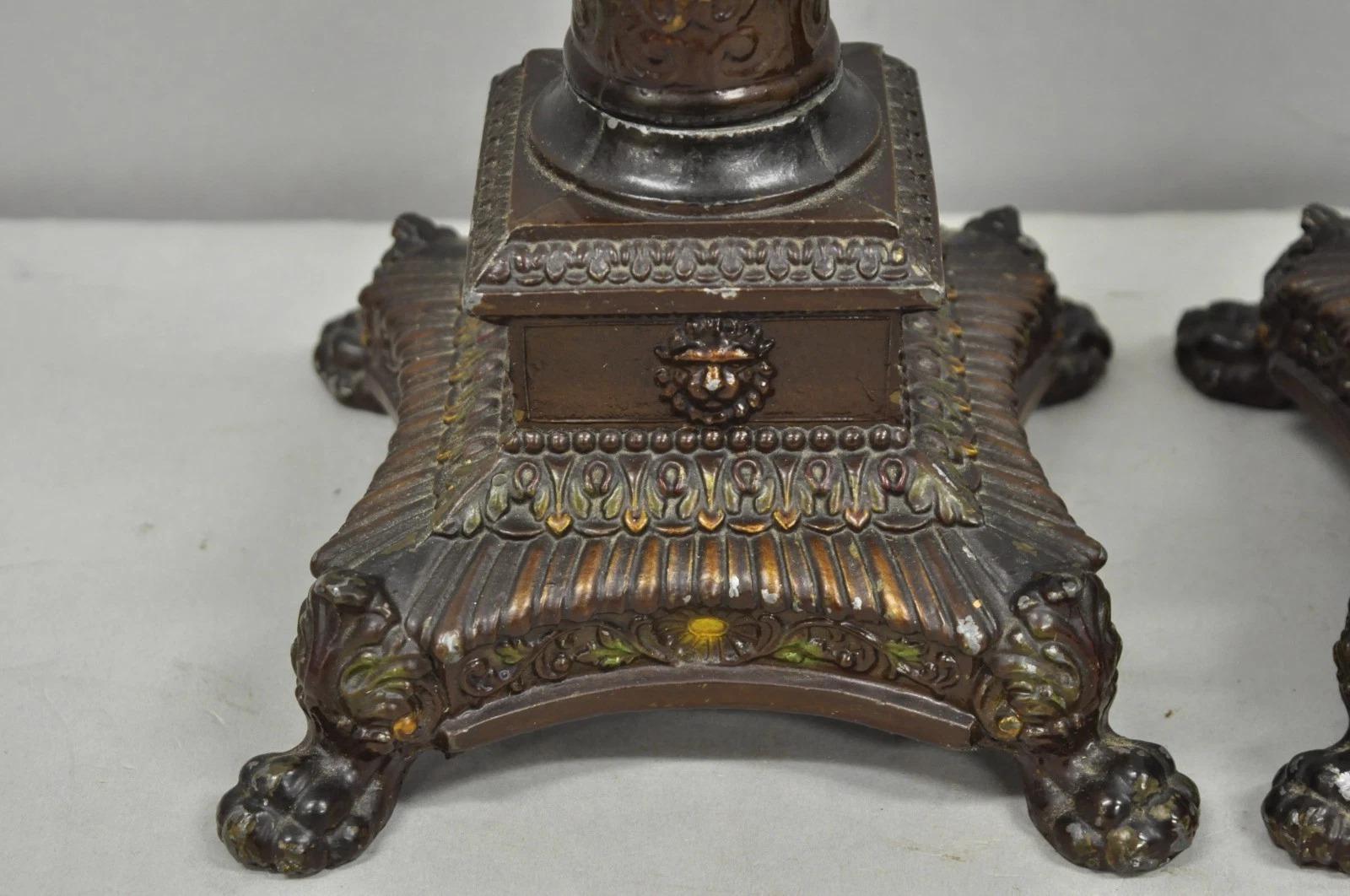 Antique French Empire Brown Painted Column Small Metal Table Lamps - a Pair For Sale 8