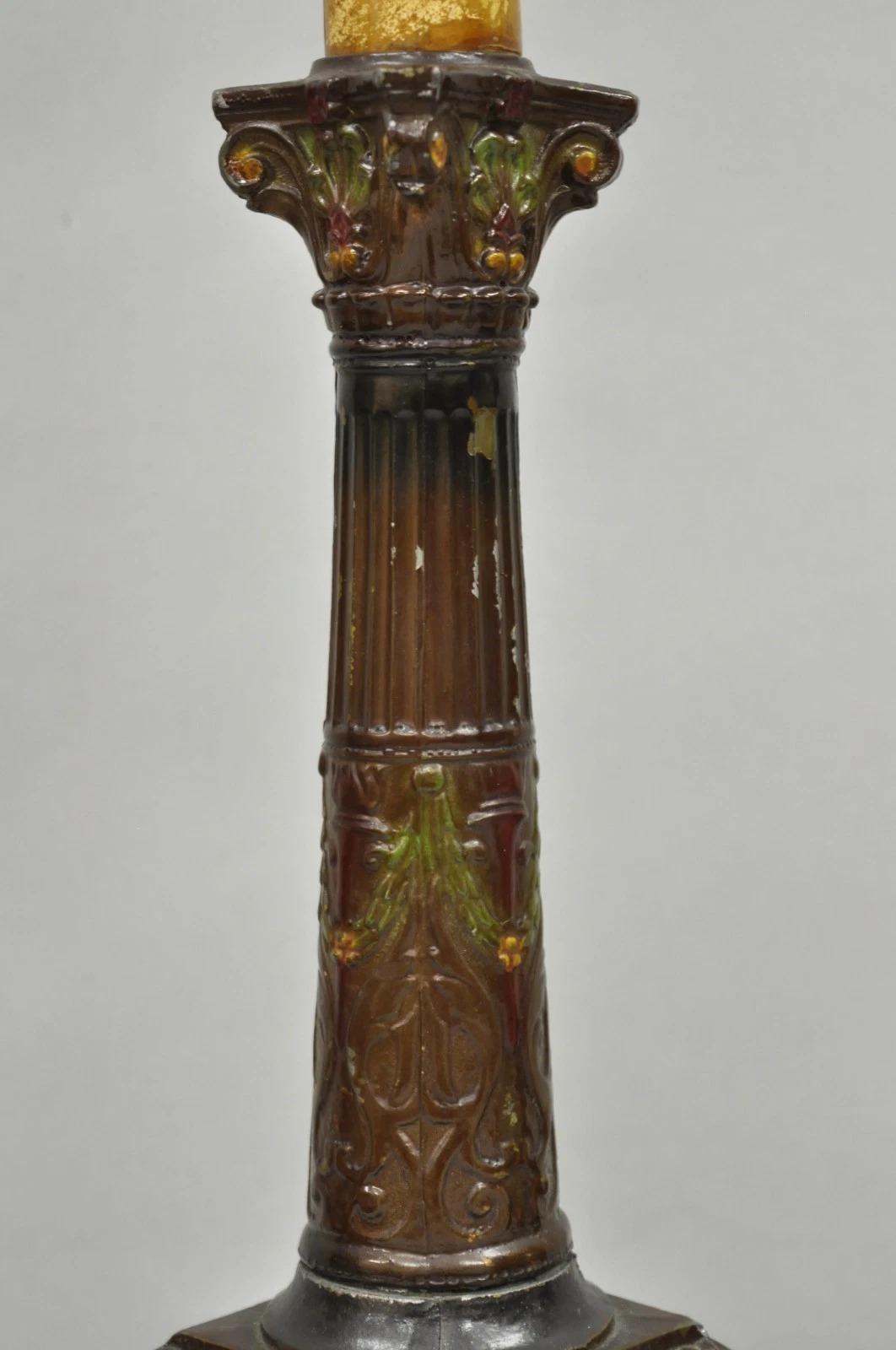 Unknown Antique French Empire Brown Painted Column Small Metal Table Lamps - a Pair For Sale