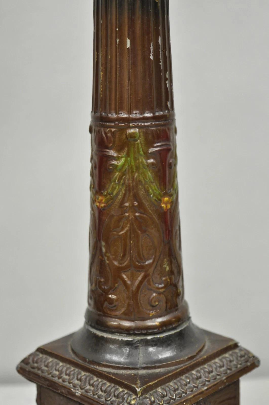 Antique French Empire Brown Painted Column Small Metal Table Lamps - a Pair In Good Condition For Sale In Philadelphia, PA