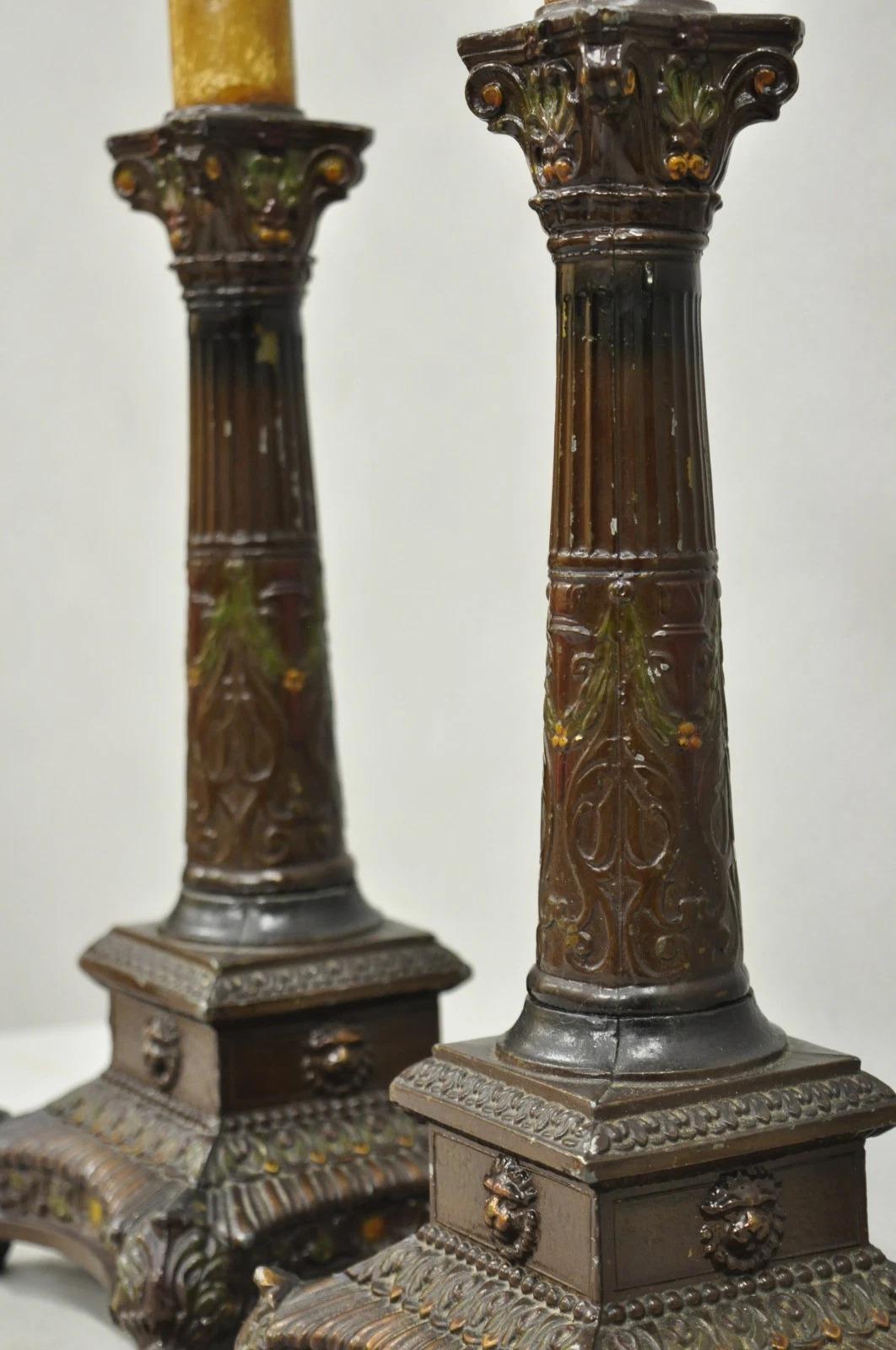 20th Century Antique French Empire Brown Painted Column Small Metal Table Lamps - a Pair For Sale