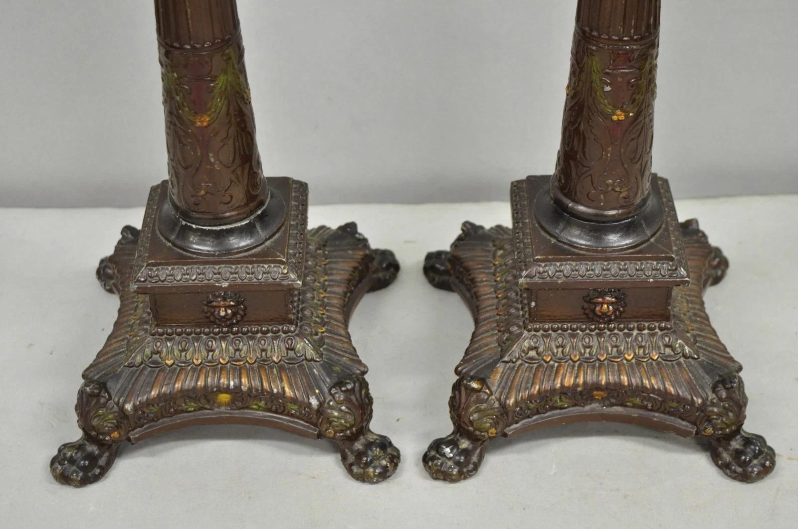 Antique French Empire Brown Painted Column Small Metal Table Lamps - a Pair For Sale 1