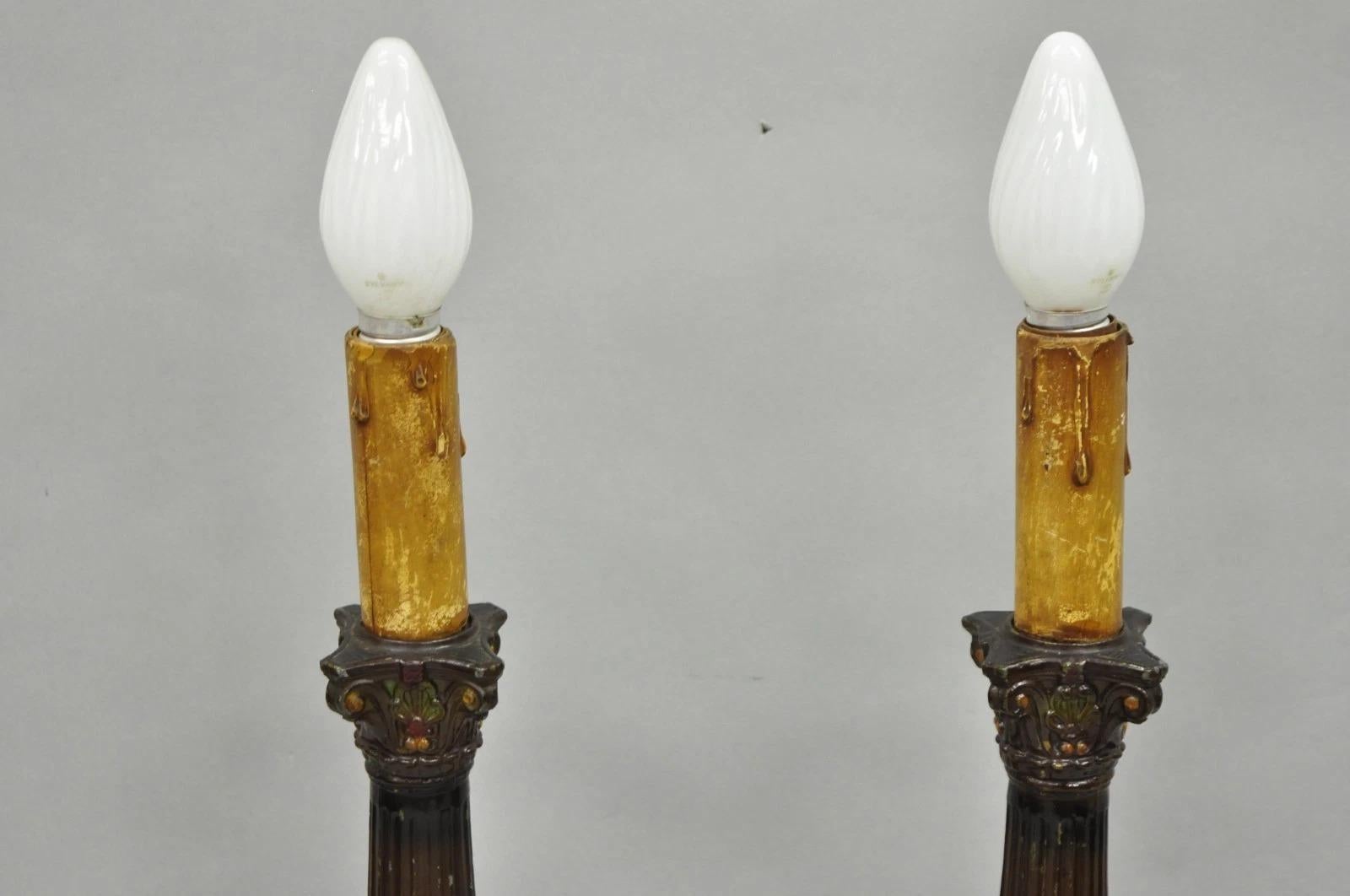 Antique French Empire Brown Painted Column Small Metal Table Lamps - a Pair For Sale 2