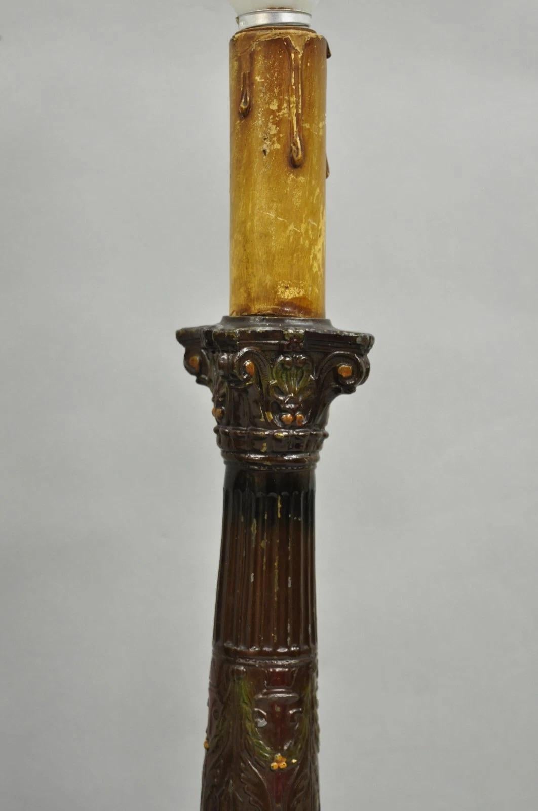 Antique French Empire Brown Painted Column Small Metal Table Lamps - a Pair For Sale 3