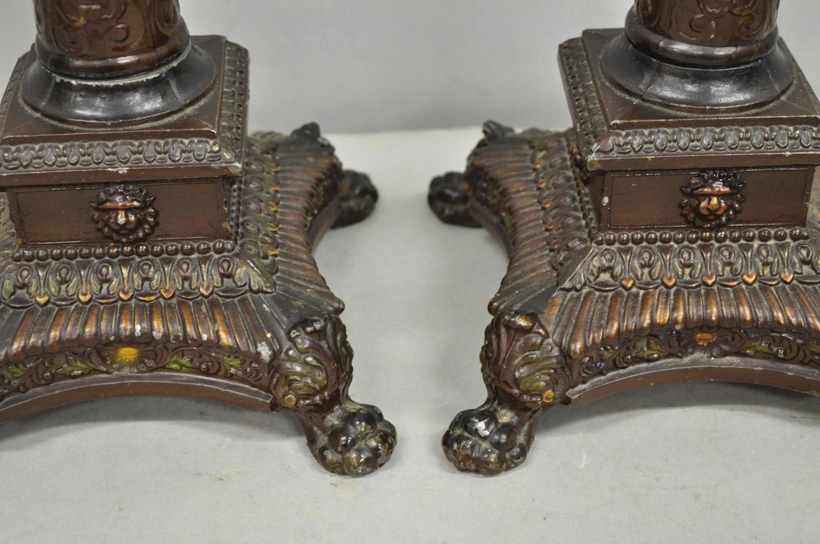 Antique French Empire Brown Painted Column Small Metal Table Lamps - a Pair For Sale 4
