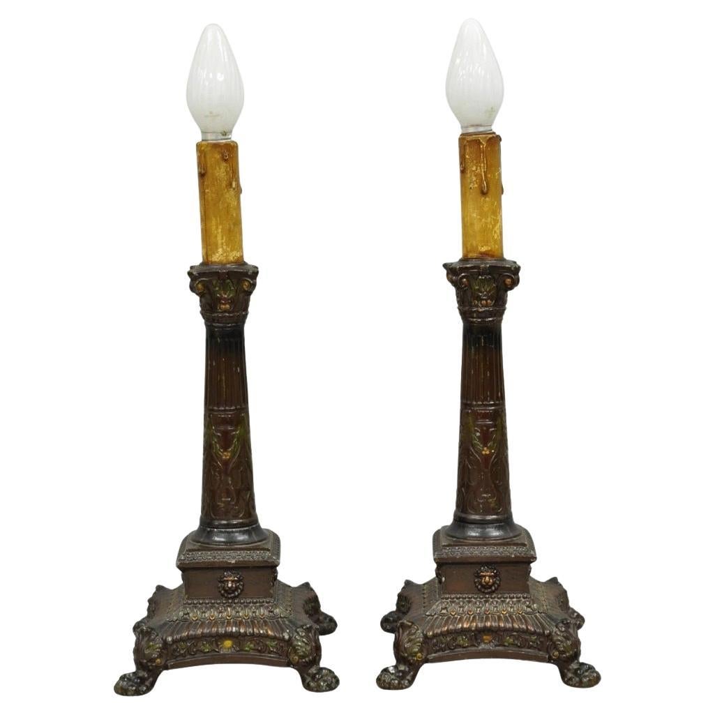 Antique French Empire Brown Painted Column Small Metal Table Lamps - a Pair For Sale