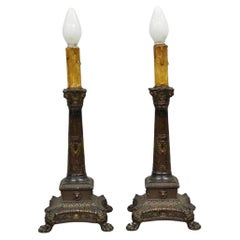 Antique French Empire Brown Painted Column Small Metal Table Lamps - a Pair