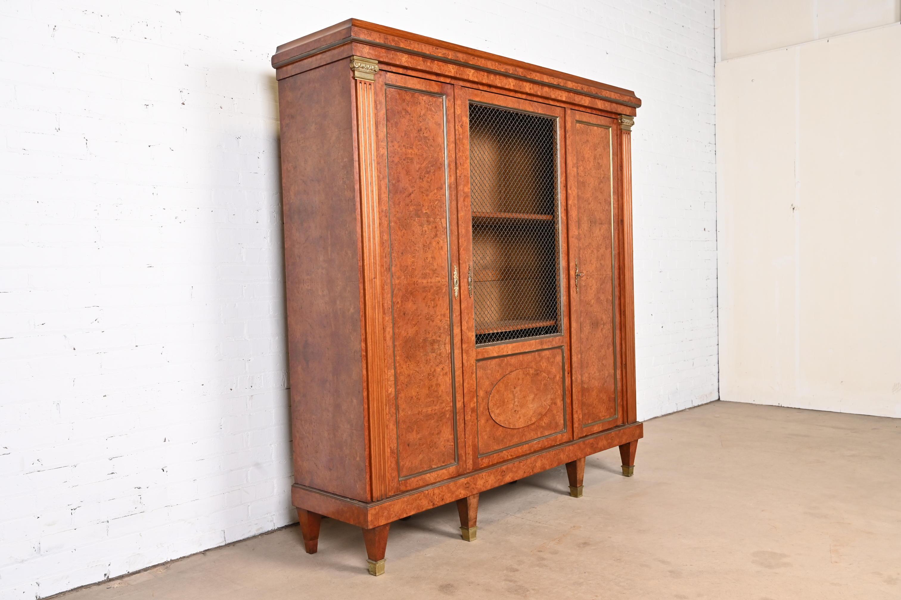 Antique French Empire Burl Wood Bibliotheque Bookcase Cabinet, Circa 1880s In Good Condition For Sale In South Bend, IN