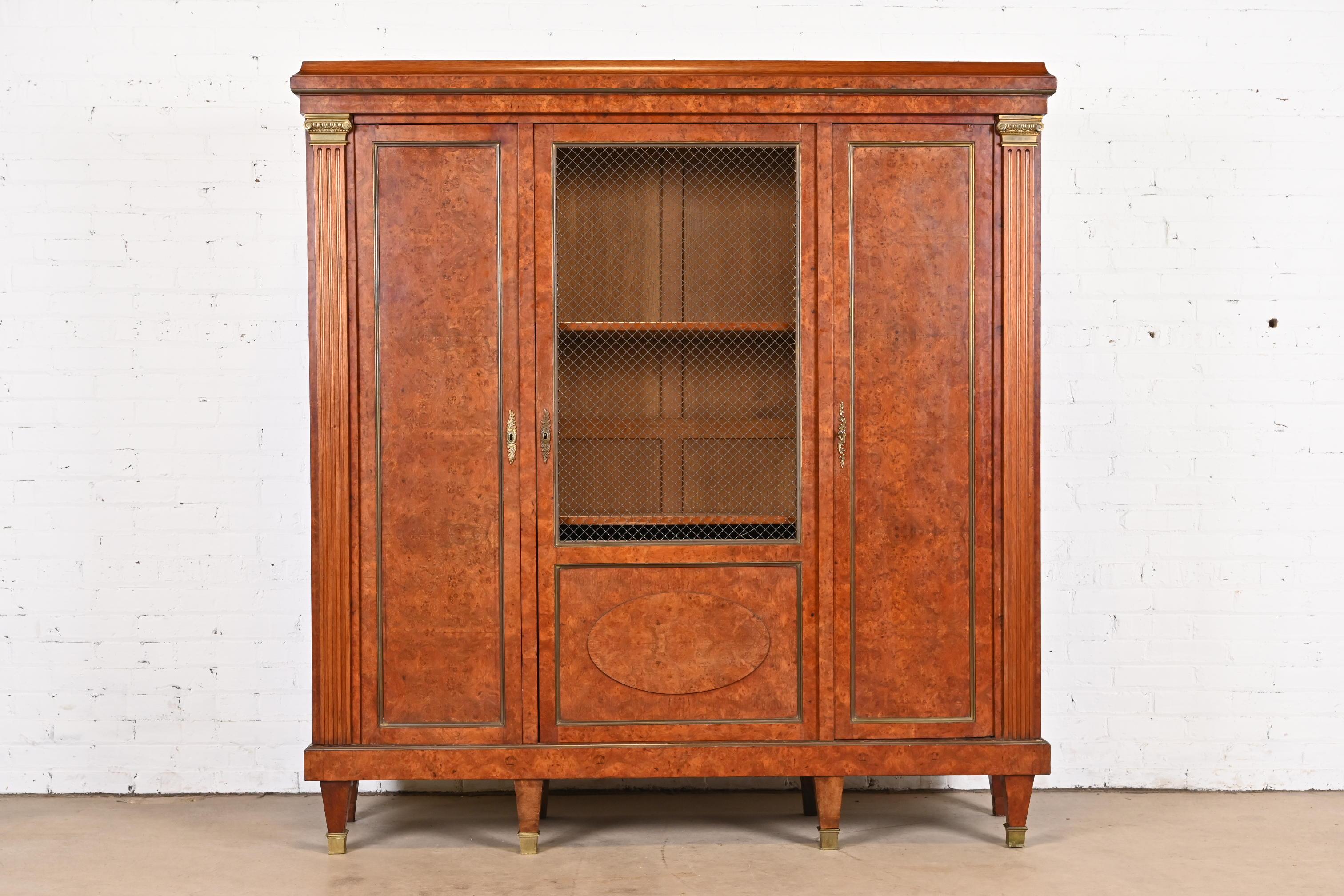 19th Century Antique French Empire Burl Wood Bibliotheque Bookcase Cabinet, Circa 1880s For Sale