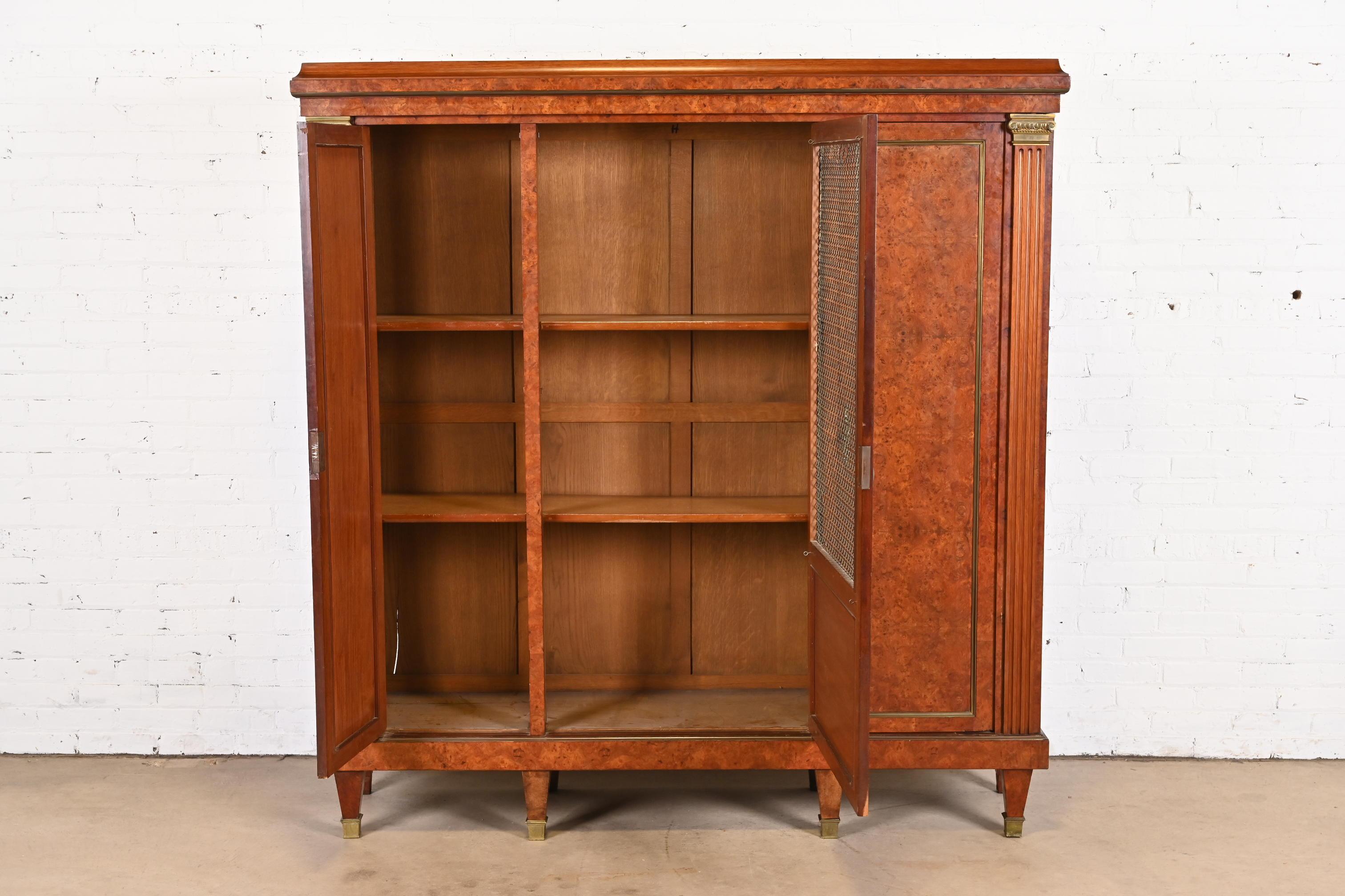 Bronze Antique French Empire Burl Wood Bibliotheque Bookcase Cabinet, Circa 1880s For Sale