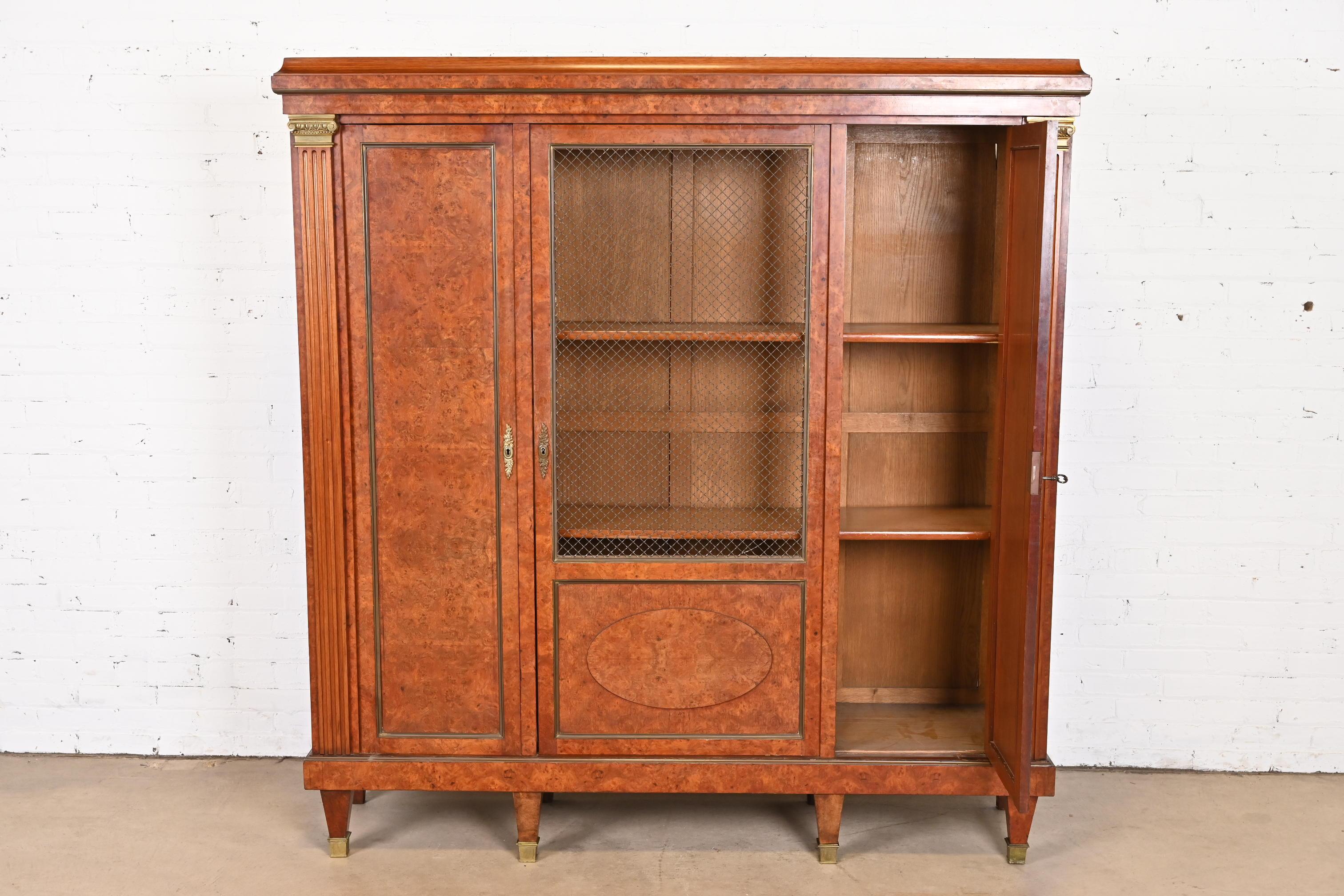 Antique French Empire Burl Wood Bibliotheque Bookcase Cabinet, Circa 1880s For Sale 1