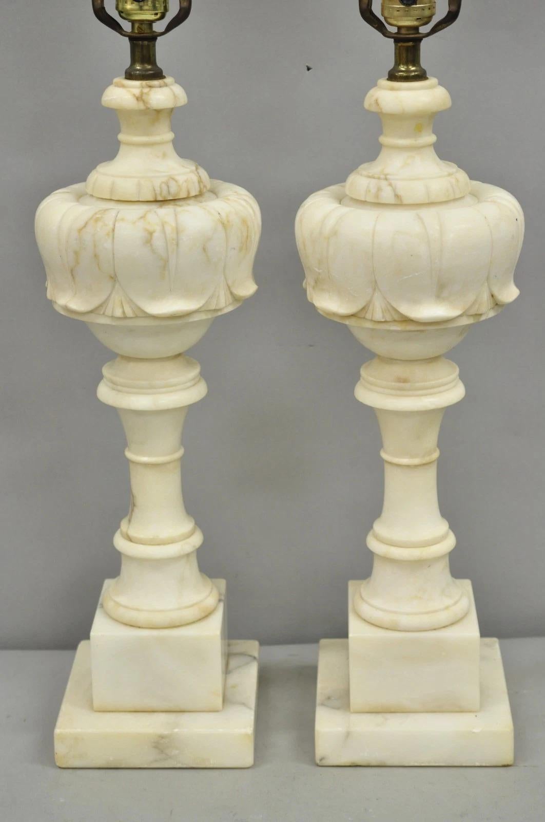 Antique French Empire Carved Italian White Marble Victorian Table Lamps - a Pair For Sale 7