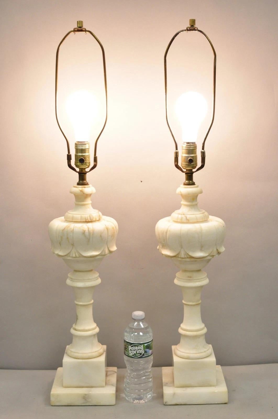 Antique French Empire Carved Italian White Marble Victorian Table Lamps - a Pair. Circa Early 20th Century. Measurements: 33
