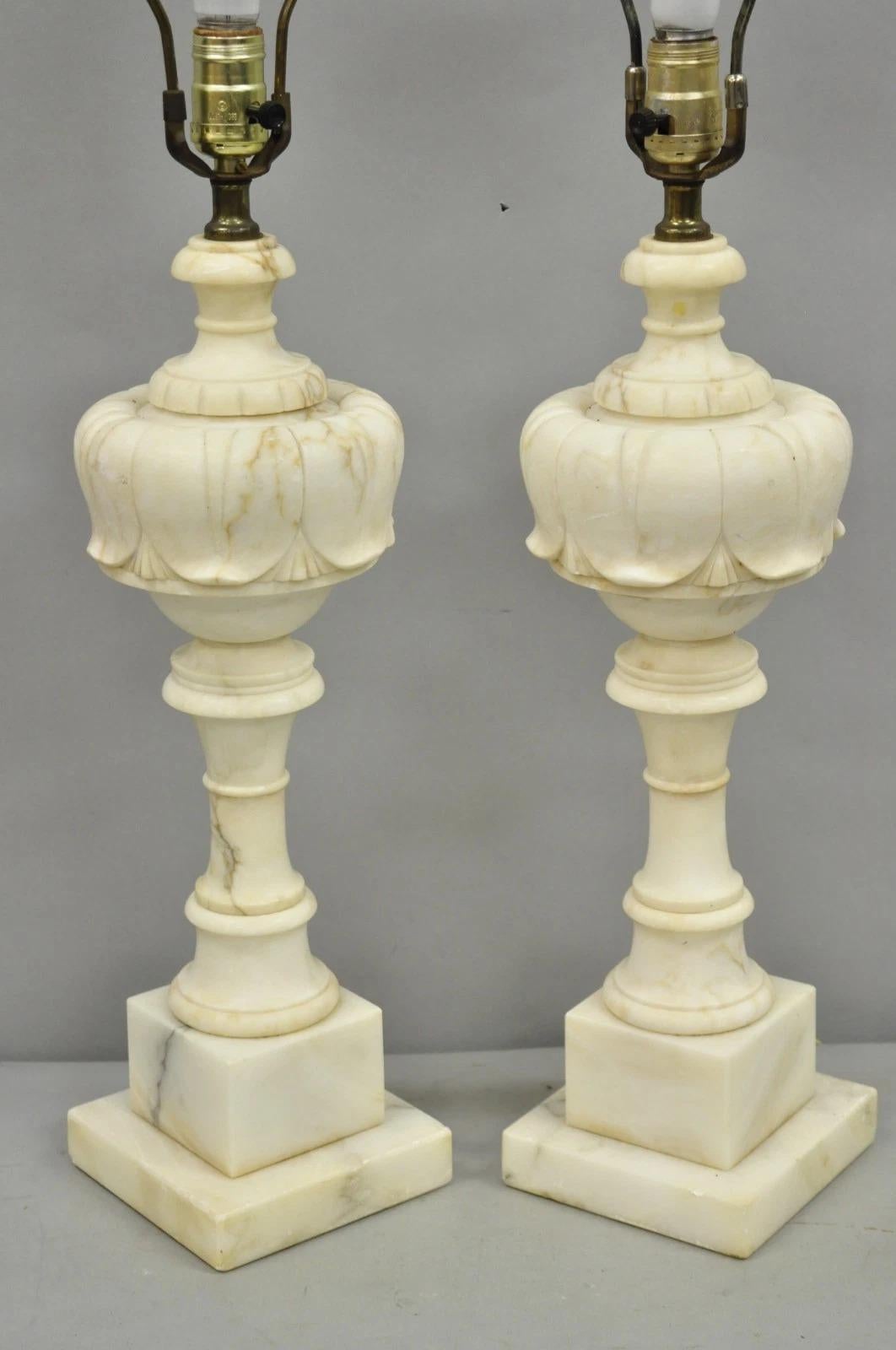 Unknown Antique French Empire Carved Italian White Marble Victorian Table Lamps - a Pair For Sale