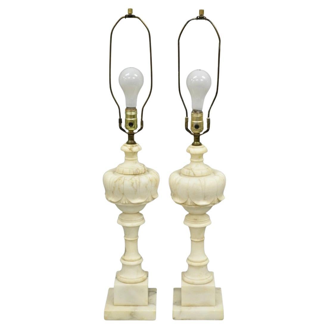 Antique French Empire Carved Italian White Marble Victorian Table Lamps - a Pair For Sale
