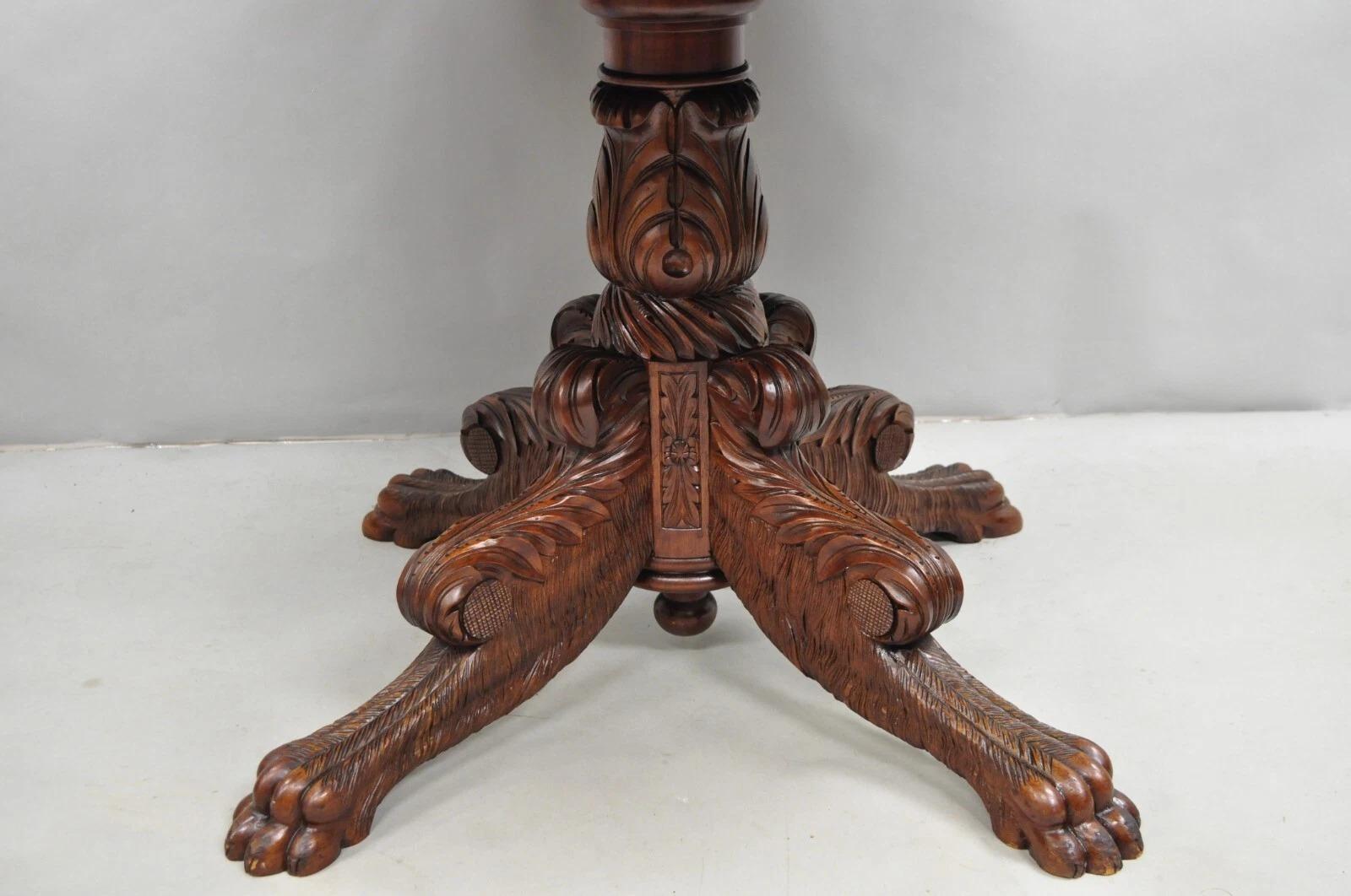 Unknown Antique French Empire Carved Mahogany Paw Foot Pedestal Base Round Center Table For Sale