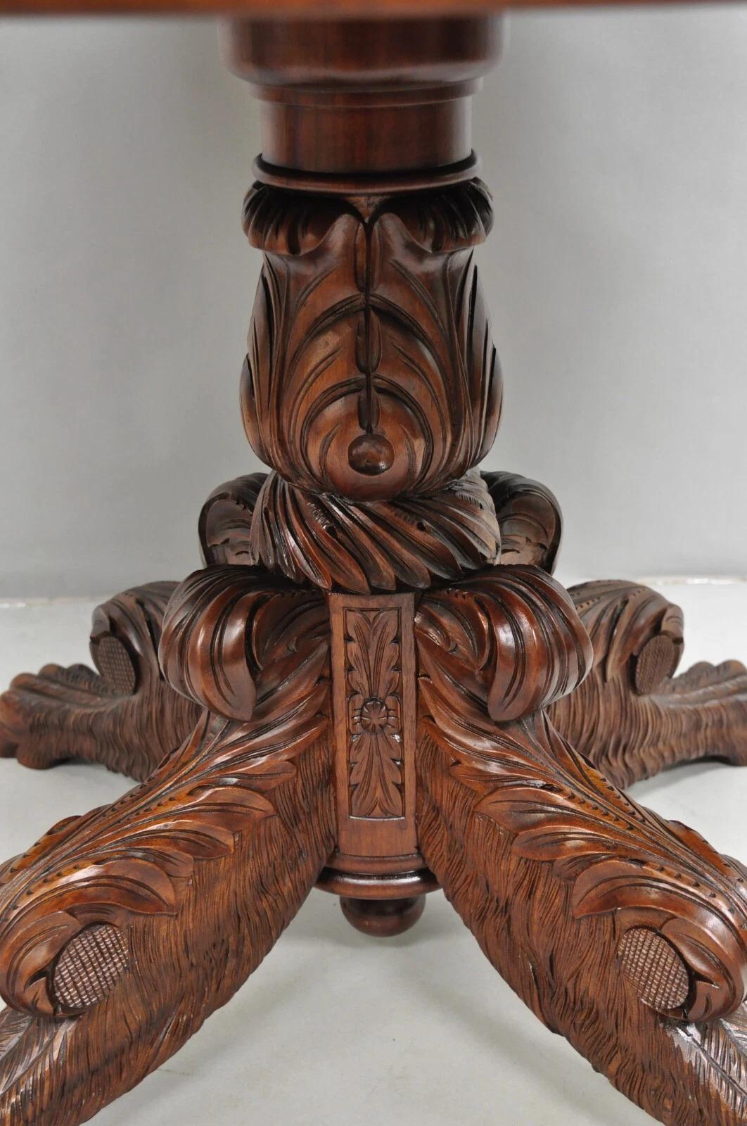 Antique French Empire Carved Mahogany Paw Foot Pedestal Base Round Center Table For Sale 1