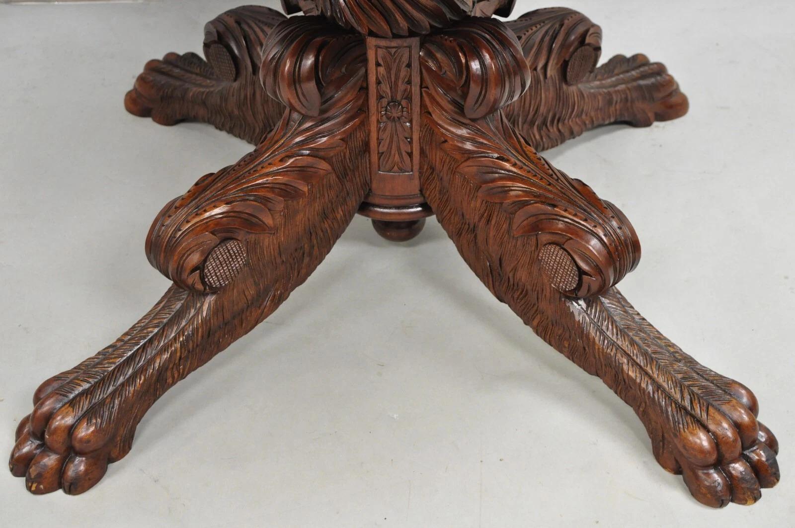Antique French Empire Carved Mahogany Paw Foot Pedestal Base Round Center Table For Sale 2