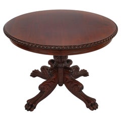 Antique French Empire Carved Walnut Lion's Paw Pedestal Round Center Table 1850