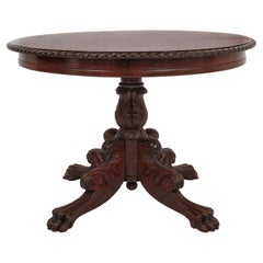 Antique French Empire Carved Walnut Lion's Paw Pedestal Round Center Table 1850