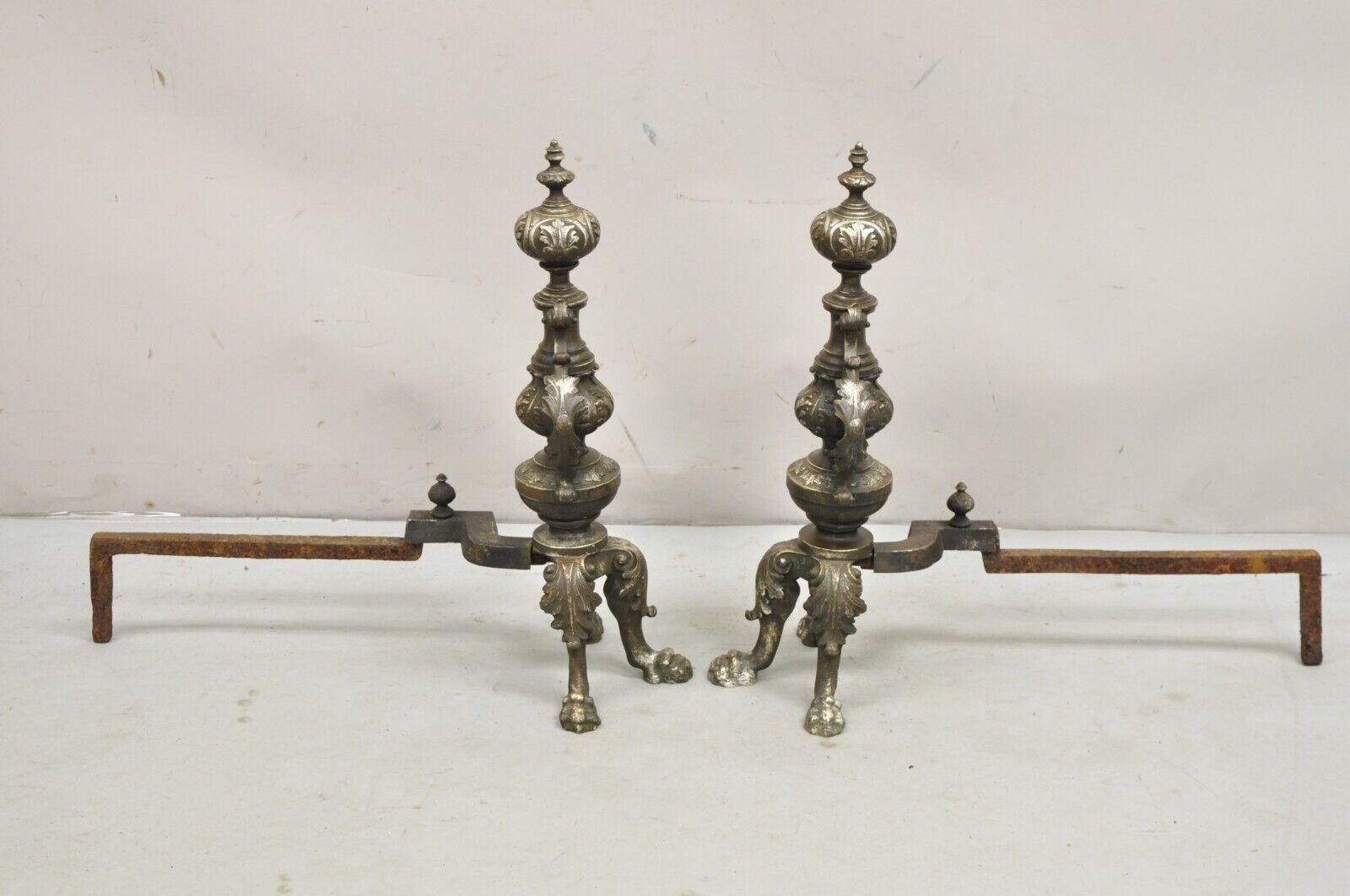 Antiguos Andirones Imperio Francés de Hierro Fundido y Bronce Plateado - un Par en venta 5