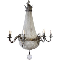 Antique French Empire Chandelier Ormolu Beaded Crystal 14 Light Chandelier