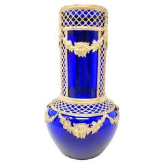 Antique French Empire Cobalt Blue Glass & Gold Bronze Mounted Vase, circa 1900