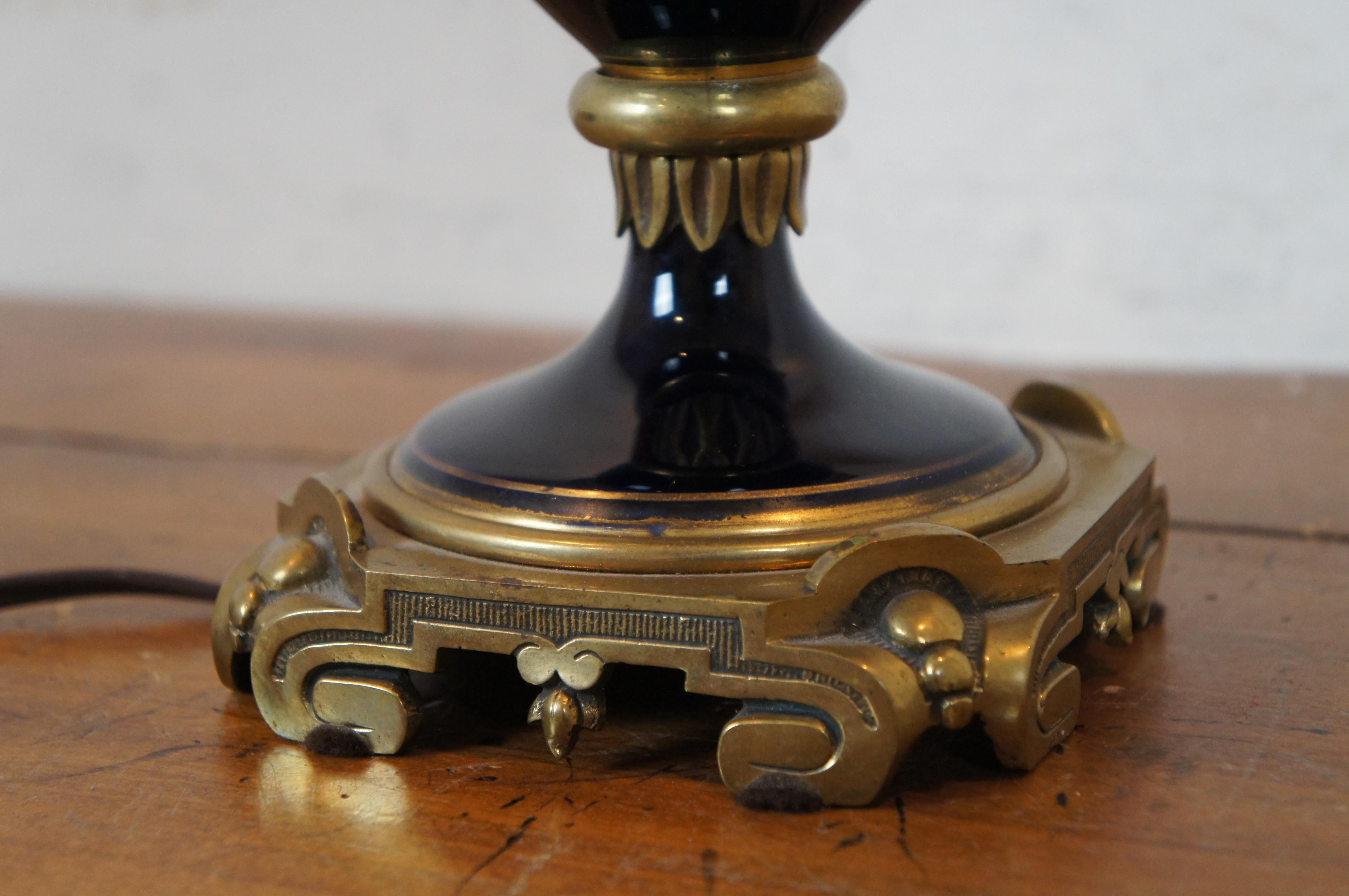 Antique French Empire Converted Cobalt Blue Glass Brass Oil Lamp Urn 29