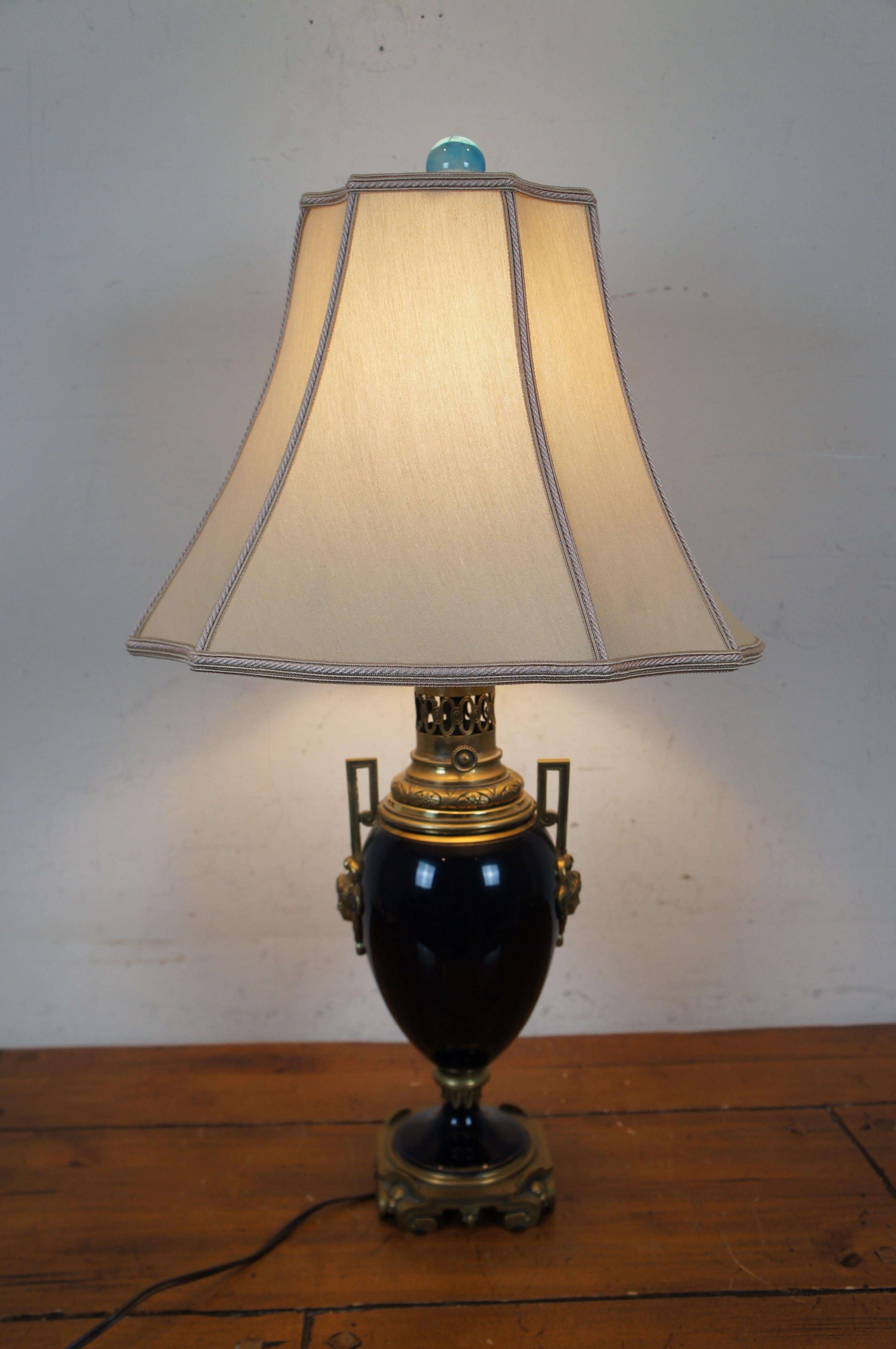 Antique French Empire Converted Cobalt Blue Glass Brass Oil Lamp Urn 29
