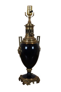 Antique French Empire Converted Cobalt Blue Glass Brass Oil Lamp Urn 29"
