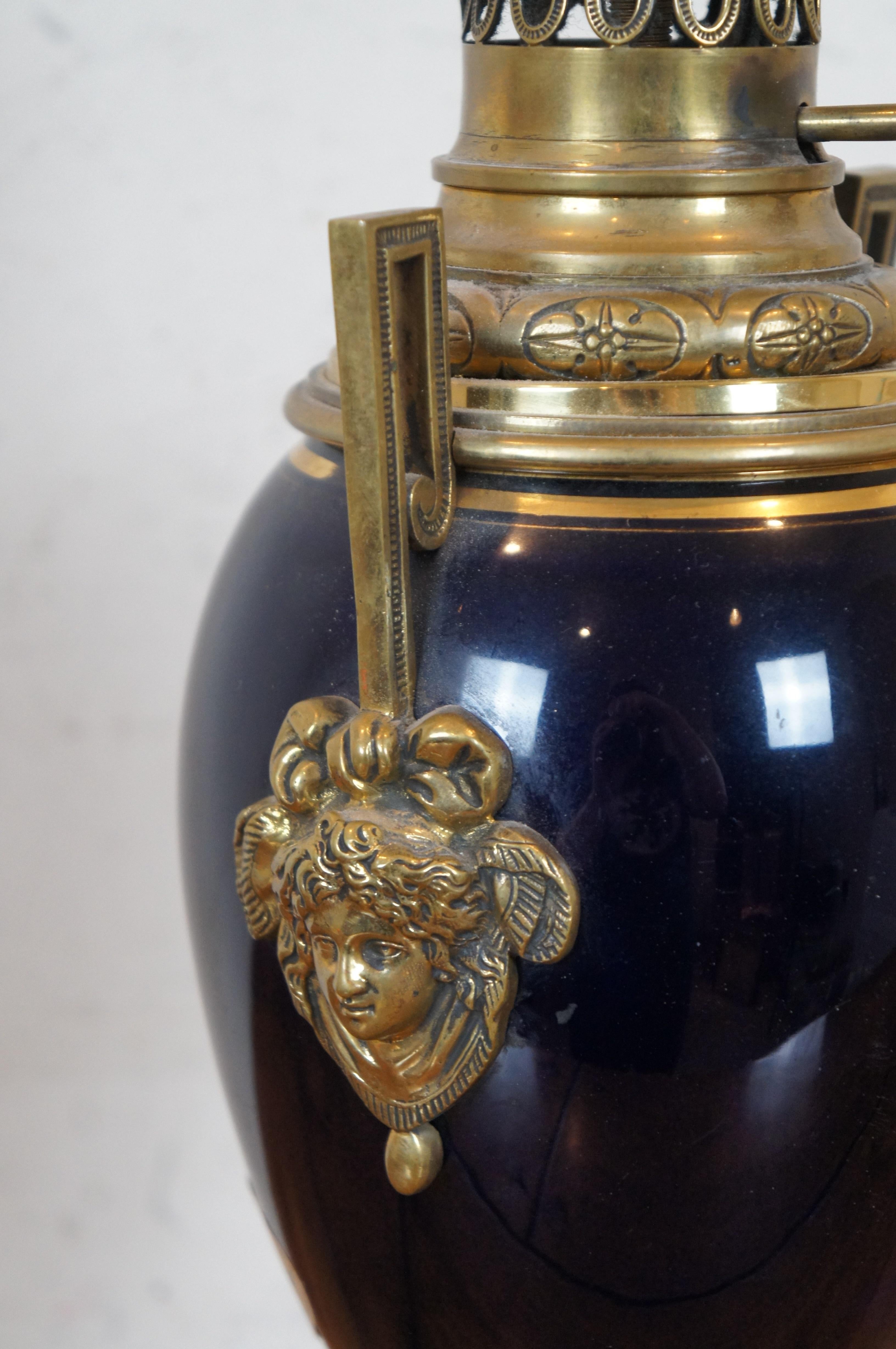 XX secolo Antique French Empire Converted Cobalt Blue Glass Brass Oil Lamp Urn 29
