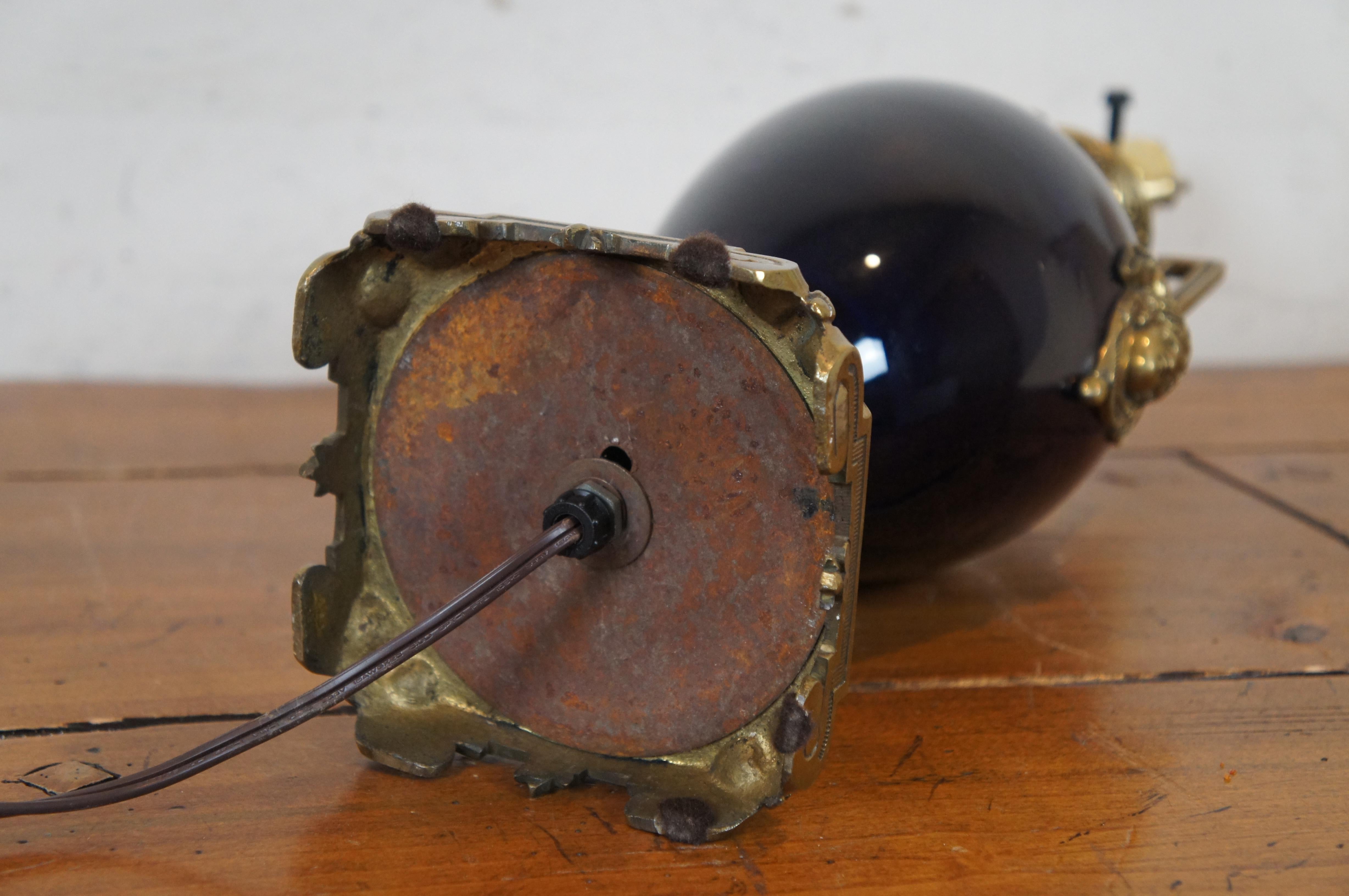 Ottone Antique French Empire Converted Cobalt Blue Glass Brass Oil Lamp Urn 29