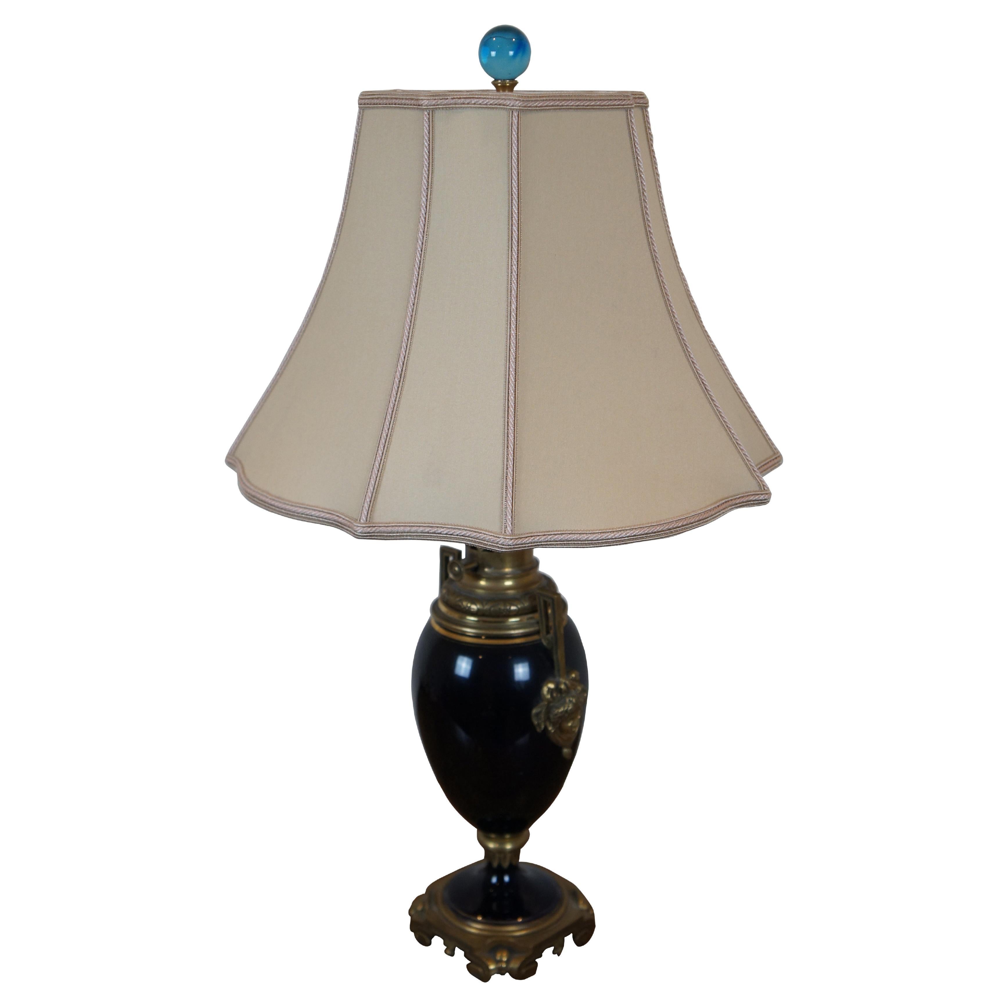 Antique French Empire Converted Cobalt Blue Glass Brass Oil Lamp Urn 29" in vendita