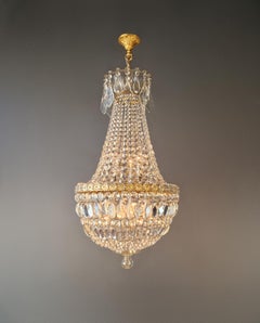 Antique French Empire Crystal Basket Chandelier Brass and Cut Crystal Closed