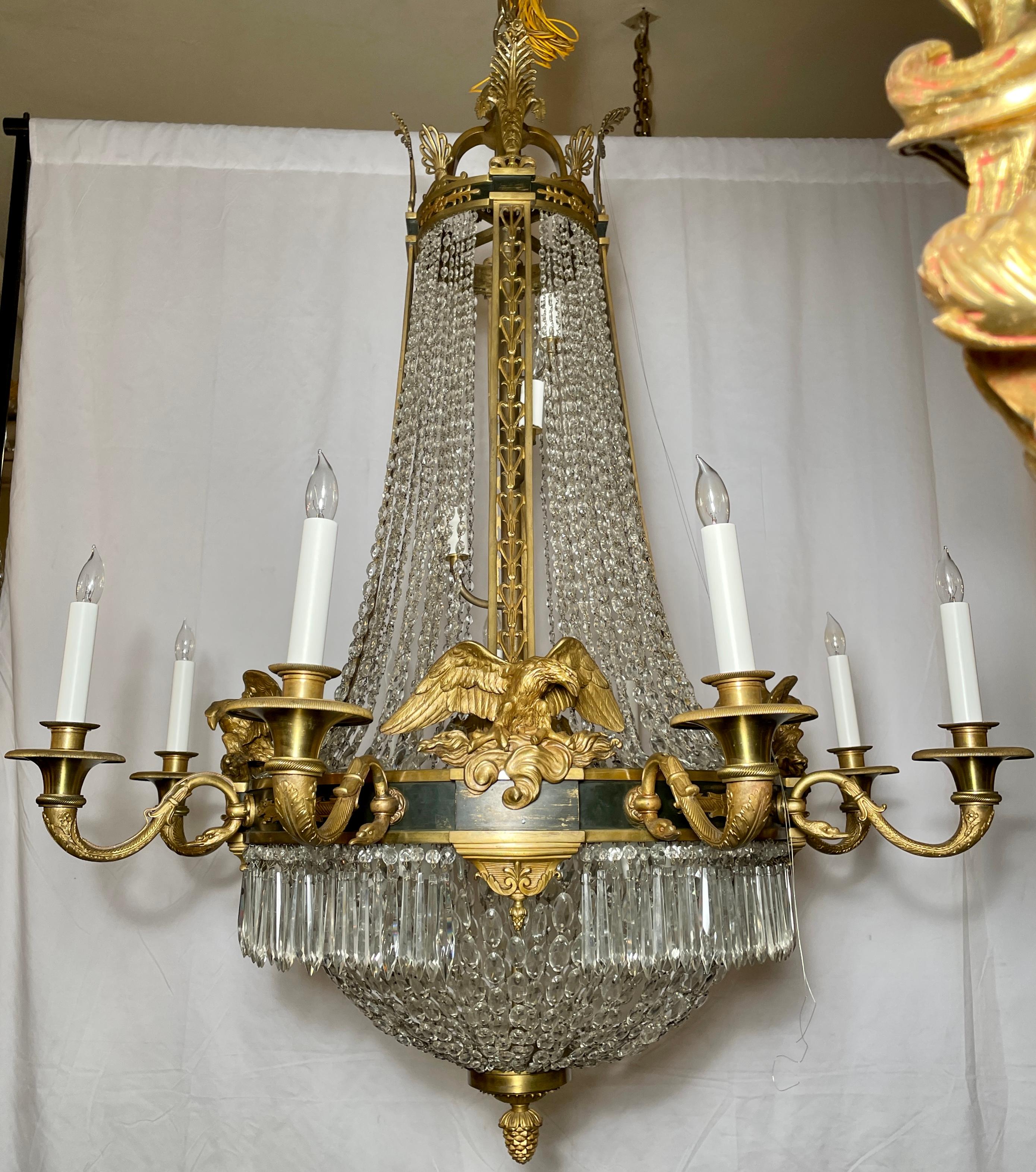 Antique French empire cut crystal and gold bronze chandelier, Circa 1890.