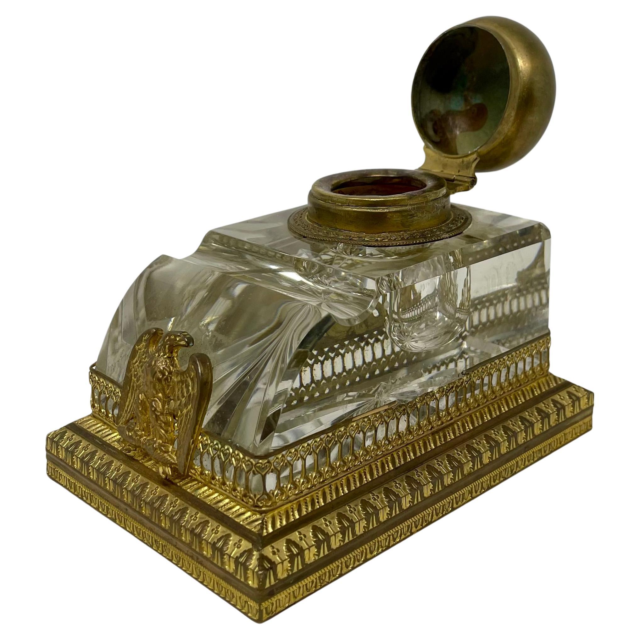 Antique French Empire Cut Crystal and Gold Bronze Inkwell, Circa 1880. In Good Condition For Sale In New Orleans, LA